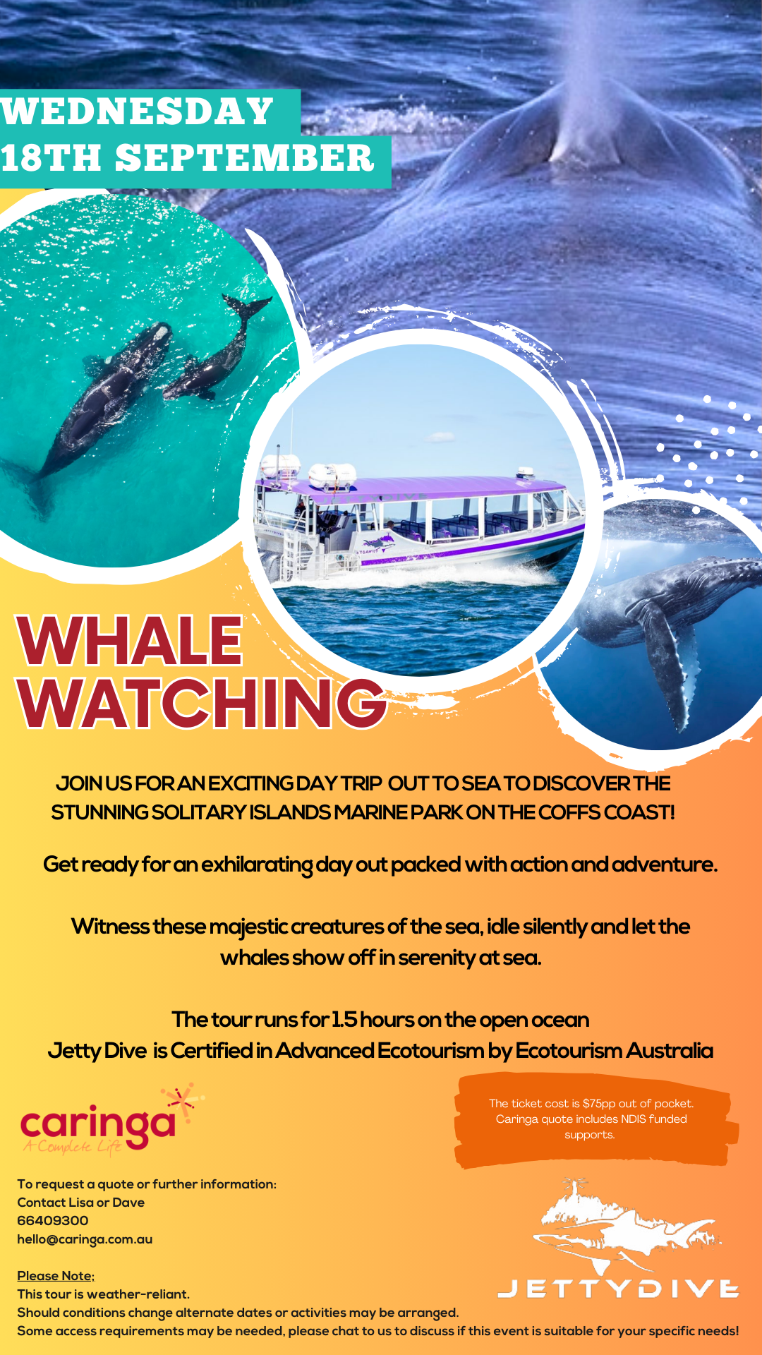 Caringa Whale Watching Tour promotional poster.

Images of humpback whales in the ocean and a whale watching tour boat.

Wednesday 18th September 2024

The title reads: 'Whale Watching!"

The poster invites people to contact the Castle Hub Community Space to learn more and reserve a spot.

Join us for an exciting day trip  out to sea to discover the stunning Solitary Islands Marine Park on the Coffs Coast!

Get ready for an exhilarating day out packed with action and adventure.

Witness these majestic creatures of the sea, idle silently and let the whales show off in serenity at sea.

The tour runs for 1.5 hours on the open ocean.
Jetty Dive  is Certified in Advanced Ecotourism by Ecotourism Australia

The ticket cost is $75pp out of pocket.
Caringa quote includes NDIS funded supports. 

To request a quote or further information:
Contact Lisa or Dave 
66409300 
hello@caringa.com.au

Please Note;
This tour is weather-reliant.
Should conditions change alternate dates or activities may be arranged. 
Some access requirements may be needed, please chat to us to discuss if this event is suitable for your specific needs!
