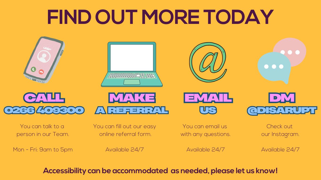 A bright yellow digital graphic with the title 'Find Out More Today' in bold purple text. 
Below, four contact options are displayed with colorful icons and bold text: '
Call' with a phone image and a number (0266 409300), 'Make a Referral' with a laptop, 'Email Us' with an @ symbol, hello@caringa.com.au
and 'DM' with a speech bubble icon and the Instagram handle @DISARUPT. Additional text explains availability, with a note about accessibility accommodations.