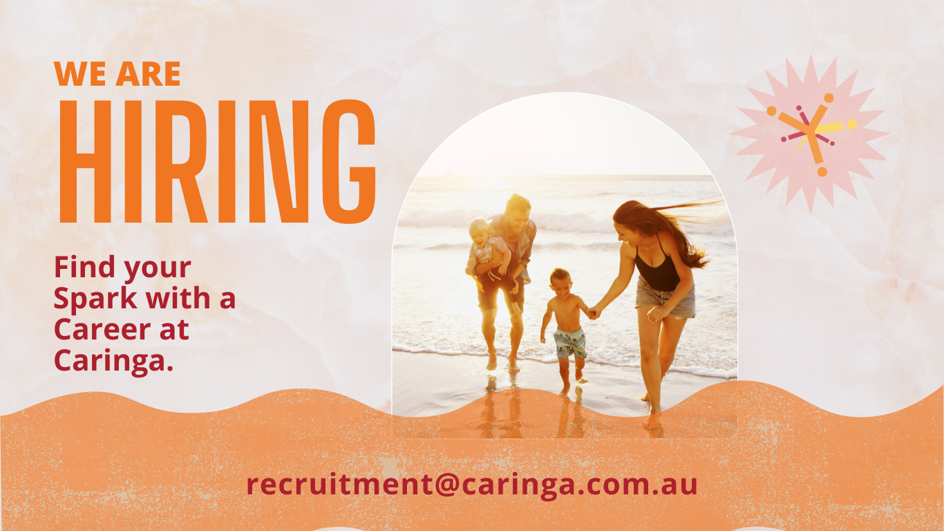 An image with "WE ARE HIRING" in bold orange text. The message says, "Find your Spark with a Career at Caringa." A circular photo shows a family of four—two adults and two children—joyfully playing together on a beach. The sunlight reflects off the waves, giving a warm, golden glow. The bottom of the poster includes the email: "recruitment@caringa.com.au." The overall design features soft beige and orange hues with a decorative starburst in the corner.